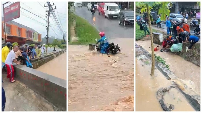 Seorang pengendara motor nyaris hanyut terseret banjir.