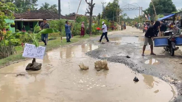 Video tangkap layar saat warga menabur ikan lele di jalan rusak di Lampung Selatan.