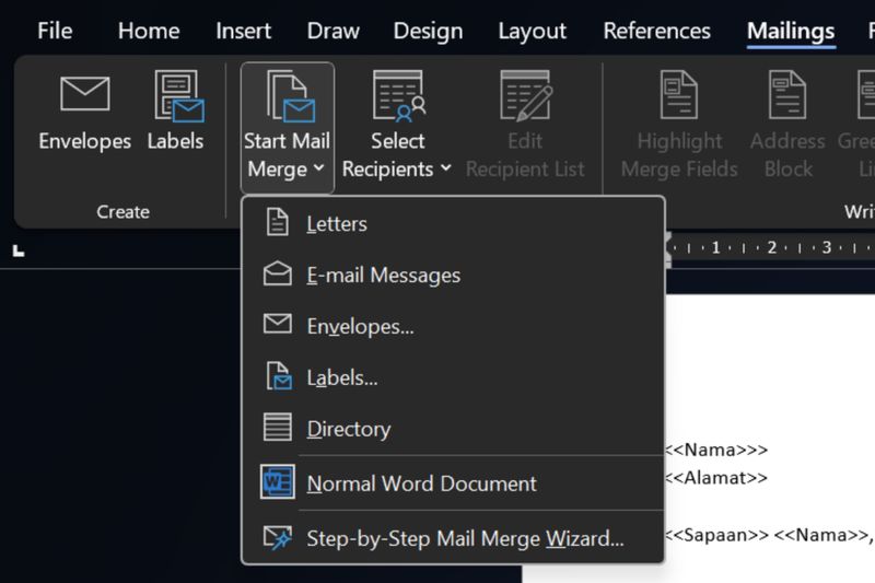 Mail merge di Microsoft Word