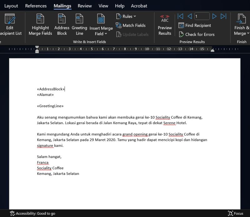 Mail merge di Microsoft Word