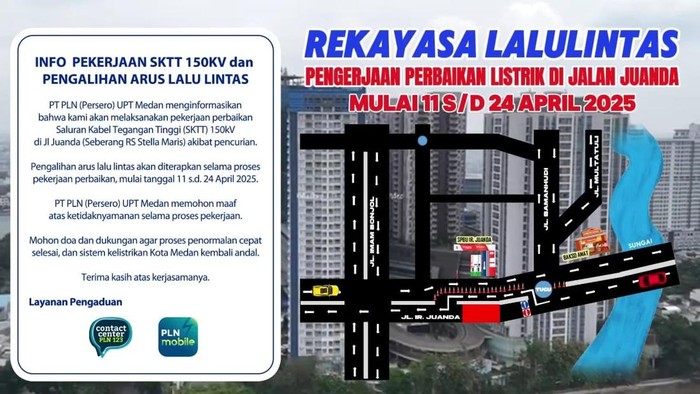 Pengalihan arus lalu lintas di Jalan Juanda, Kota Medan (Instagram @up3medan)