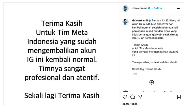 Pulih Lagi Akun IG RK Usai Diretas Unggah Foto Tanggung Jawab Jangan Lari
