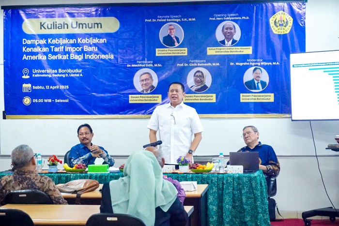 Anggota DPR RI sekaligus Dosen Pascasarjana Ilmu Hukum Universitas Borobudur Bambang Soesatyo (Bamsoet) memberikan Kuliah Umum Program Pascasarjana Ilmu Ekonomi Universitas Borobudur di Jakarta, Sabtu (12/4/2025).