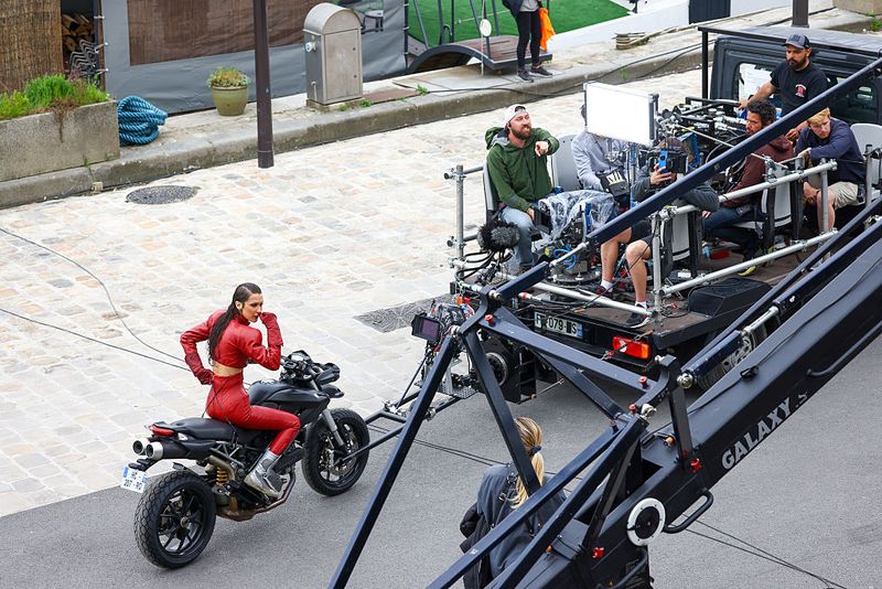 PARIS, FRANCE - APRIL 12: Model Bella Hadid is seen filming for the upcoming FX series directed by Ryan Murphy called 'The Beauty' on April 12, 2025 in Paris, France. (Photo by Marc Piasecki/GC Images)