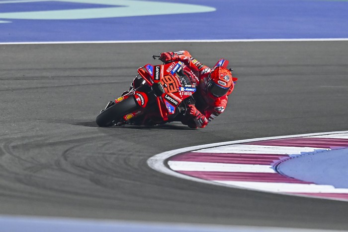 Spanish MotoGP rider Marc Marquez of the Ducati Lenovo Team competes in the sprint race during the Qatar Airways Motorcycle Grand Prix of Qatar at Lusail International Circuit in Lusail, Qatar, on April 12, 2025. (Photo by Noushad Thekkayil/NurPhoto via Getty Images)