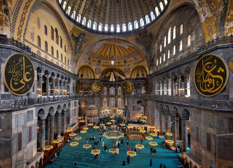 A view shows the interior of Ayasofya-i Kebir Cami-i Serifi or Hagia Sophia Grand Mosque, while Turkey begins restoration work on dome of Hagia Sophia, as part of a larger effort to reinforce the structure and conserve its mosaics, in Istanbul, Turkey, April 14, 2025. REUTERS/Umit Bektas