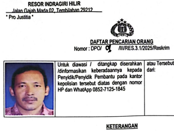 Surat penetapan DPO disertai foto tersangka