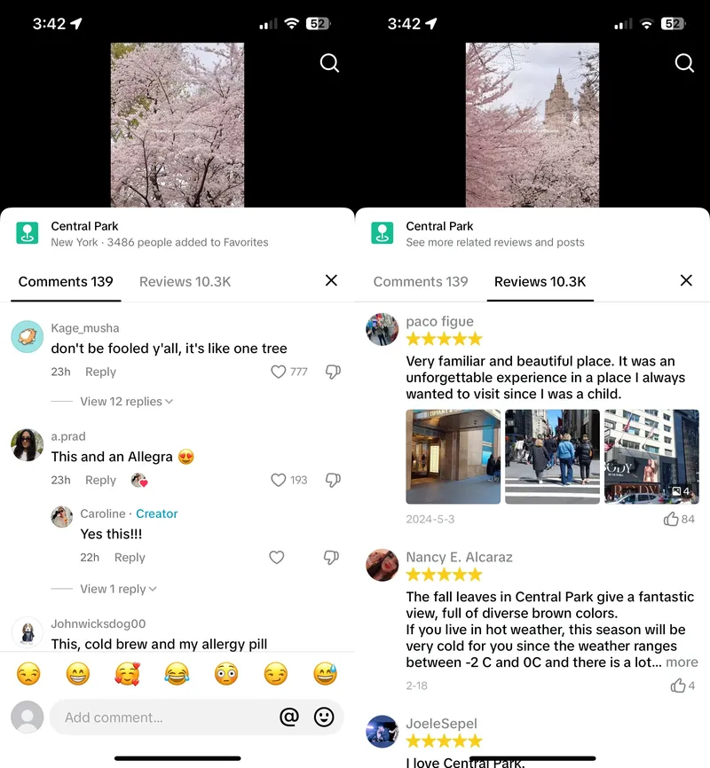 Tampilan fitur ulasan lokasi di TikTok