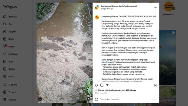 Warga curhat di media sosial soal kondisi Sungai Cikapundung yang tercemar kotoran sapi.