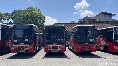 Armada bus TMD parkir di Terminal Ubung jelang beroperasi kembali pada 20 April.