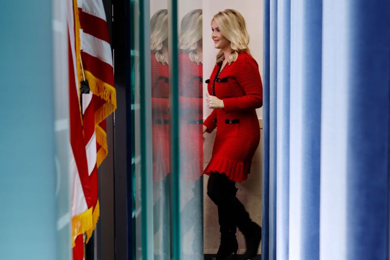 WASHINGTON, DC - JANUARY 31: White House Press Secretary Karoline Leavitt arrives for a news conference in the Brady Press Briefing Room at the White House on January 31, 2025 in Washington, DC. Leavitt announced that 25-percent tariffs on Canada and Mexico and a 10-percent tariff on China will go into effect on February 1. (Photo by Chip Somodevilla/Getty Images)