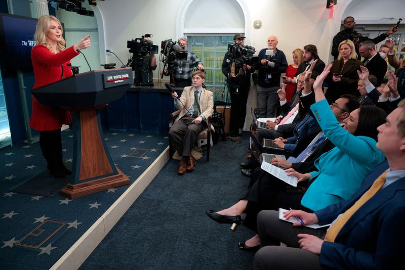 WASHINGTON, DC - JANUARY 31: White House Press Secretary Karoline Leavitt arrives for a news conference in the Brady Press Briefing Room at the White House on January 31, 2025 in Washington, DC. Leavitt announced that 25-percent tariffs on Canada and Mexico and a 10-percent tariff on China will go into effect on February 1. (Photo by Chip Somodevilla/Getty Images)