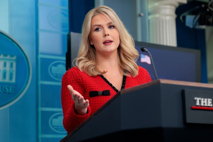 WASHINGTON, DC - JANUARY 31: White House Press Secretary Karoline Leavitt arrives for a news conference in the Brady Press Briefing Room at the White House on January 31, 2025 in Washington, DC. Leavitt announced that 25-percent tariffs on Canada and Mexico and a 10-percent tariff on China will go into effect on February 1. (Photo by Chip Somodevilla/Getty Images)