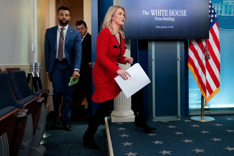WASHINGTON, DC - JANUARY 31: White House Press Secretary Karoline Leavitt arrives for a news conference in the Brady Press Briefing Room at the White House on January 31, 2025 in Washington, DC. Leavitt announced that 25-percent tariffs on Canada and Mexico and a 10-percent tariff on China will go into effect on February 1. (Photo by Chip Somodevilla/Getty Images)