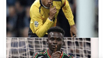 Bukayo Saka dan Thierry Henry merayakan gol ke gawang Madrid dengan cara yang sama walau terpisah wakru 19 tahun. Foto: X.com