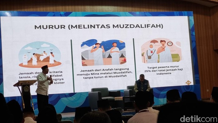 Direktur Pelayanan Haji Luar Negeri Direktorat Jenderal Penyelenggaraan Haji dan Umrah Kementerian Agama,  Muchlis Muhammad Hanafi menjelaskan 25% jemaah haji RI diikutkan murur (Haris Fadhil/detikcom)