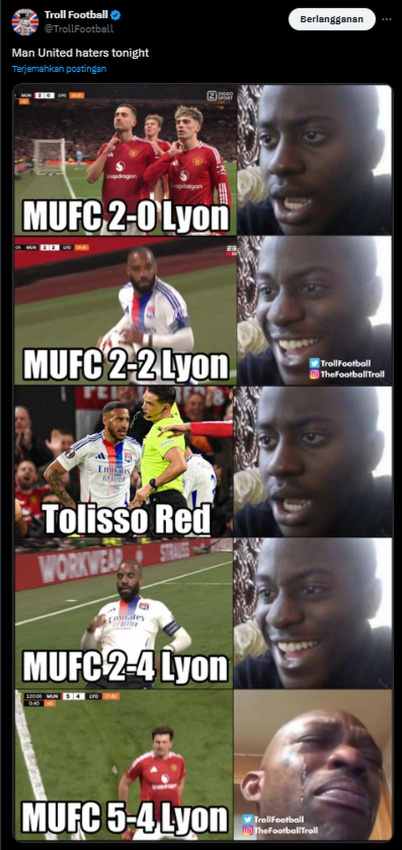 Manchester United berhasil mengalahkan Lyon di leg kedua perempatfinal Liga Europa dengan skor 5-4. Berikut sederet meme kemenangan tim berjuluk Setan Merah.
