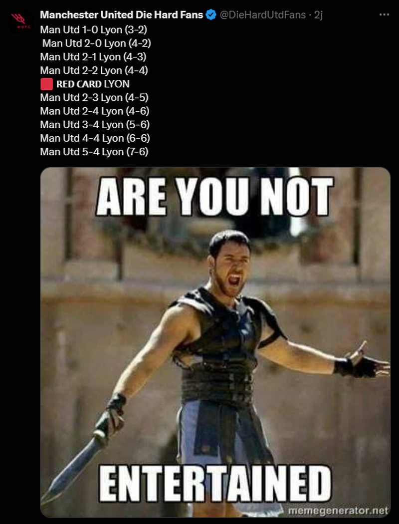 Manchester United berhasil mengalahkan Lyon di leg kedua perempatfinal Liga Europa dengan skor 5-4. Berikut sederet meme kemenangan tim berjuluk Setan Merah.