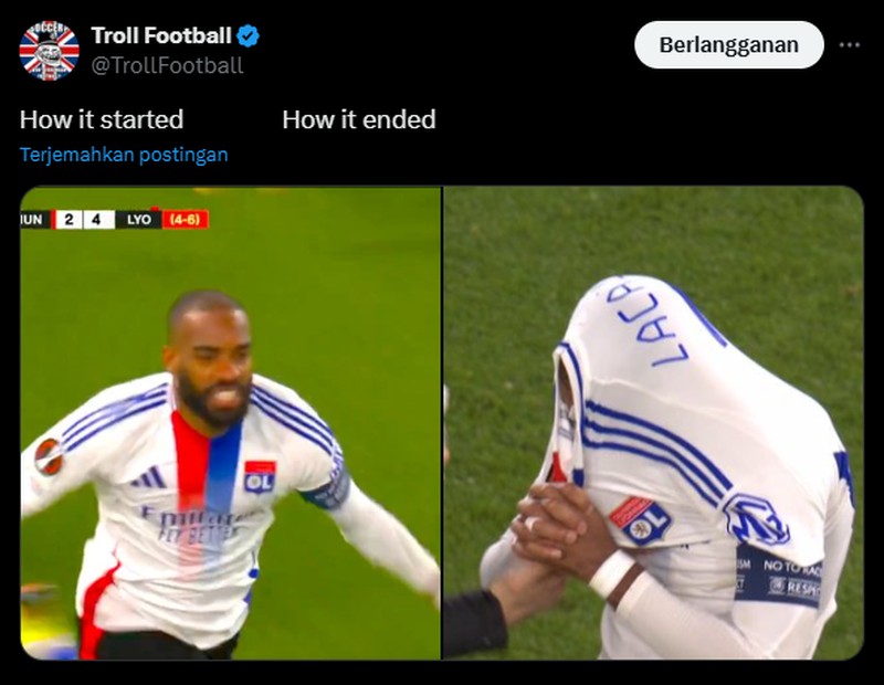 Manchester United berhasil mengalahkan Lyon di leg kedua perempatfinal Liga Europa dengan skor 5-4. Berikut sederet meme kemenangan tim berjuluk Setan Merah.