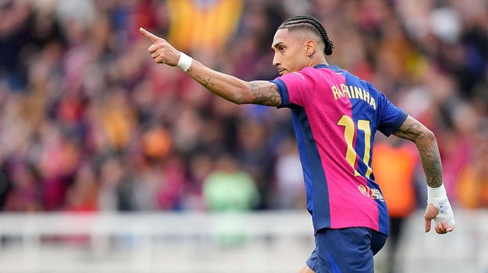 Raphinha right winger of Barcelona and Brazil celebrates after scoring his sides first goal during the La Liga match between FC Barcelona and RC Celta de Vigo at Estadi Olimpic Lluis Companys on April 19, 2025 in Barcelona, Spain. (Photo by Jose Breton/Pics Action/NurPhoto via Getty Images)
