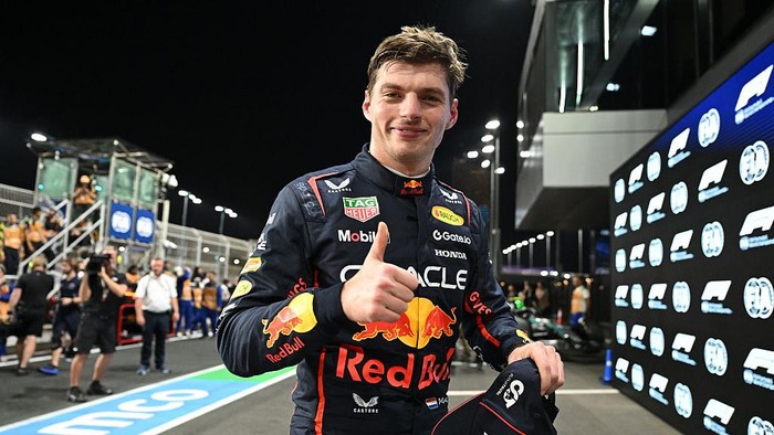 JEDDAH, SAUDI ARABIA - APRIL 19: Pole position qualifier Max Verstappen of the Netherlands and Oracle Red Bull Racing celebrates during qualifying ahead of the F1 Grand Prix of Saudi Arabia at Jeddah Corniche Circuit on April 19, 2025 in Jeddah, Saudi Arabia. (Photo by Mark Sutton - Formula 1/Formula 1 via Getty Images)