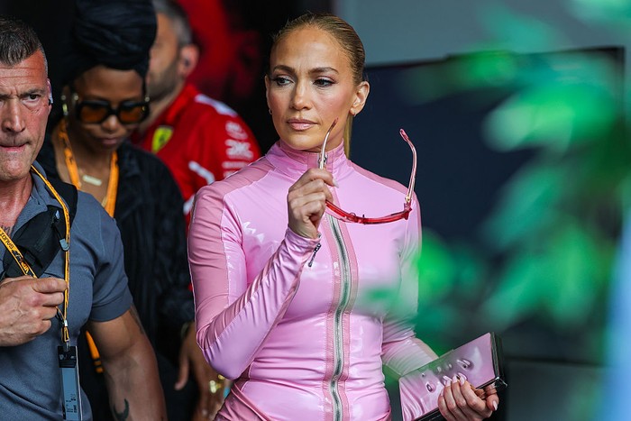 JEDDAH, SAUDI ARABIA - APRIL 19: Jennifer Lopez looks on in the Paddock during final practice ahead of the F1 Grand Prix of Saudi Arabia at Jeddah Corniche Circuit on April 19, 2025 in Jeddah, Saudi Arabia. (Photo by Clive Rose - Formula 1/Formula 1 via Getty Images)