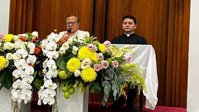 Uskup Agung Jakarta Kardinal Ignatius Suharyo di Graha Pemuda, Gereja Katedral Jakarta, Senin (21/4/2025).