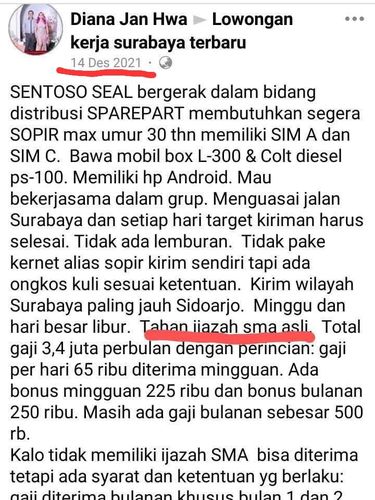 Tangkapan layar bukti penawaran lowongan kerja oleh akun Diana Jan Hwa, diduga pemilik UD Sentoso Seal.