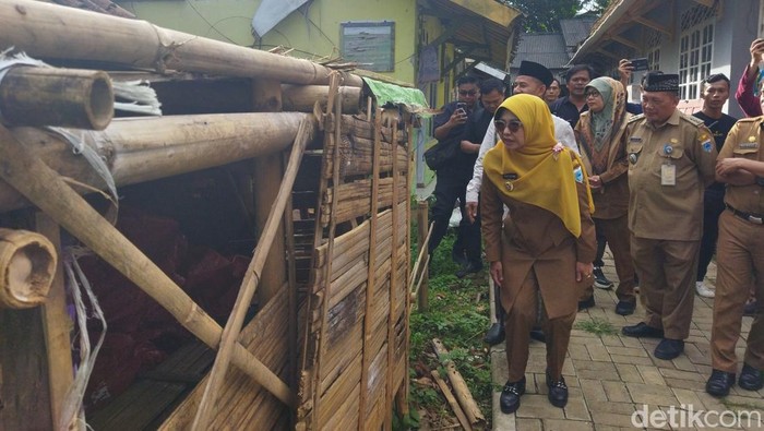 Bupati Pandeglang Raden Dewi Setiani berjanji bakal membangun rumah untuk Ahmad Jabidi (49), warga yang tinggal di gubug mirip kandang kambing. (Aris/detikcom)