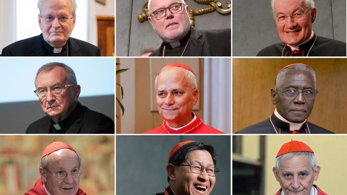 Calon-calon Kuat Penerus Paus Fransiskus This combination of photos shows, top row from left, Cardinal Peter Erdo, Cardinal Reinhard Marx, Cardinal Marc Ouellet, middle row from left, Cardinal Pietro Parolin, Cardinal Robert Prevost, Cardinal Robert Sarah, and bottom row from left, Cardinal Christoph Schoenborn, Cardinal Luis Tagle and Cardinal Matteo Zuppi. (AP Photo)