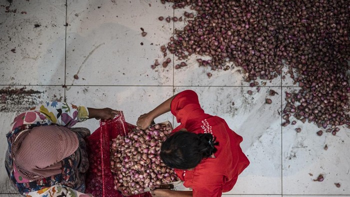 Harga bawang merah lokal di Semarang turun Pedahang mengemas bawang merah lokal pesanan pembeli di Pasar Johar, Semarang, Jawa Tengah, Rabu (23/4/2025). Menurut pengepul bawang merah setempat, harga bawang merah lokal di tingkat pengepul kini turun menjadi Rp15.000–Rp25.000 per kilogram dari Rp35.000 pada awal April 2025 yang dipicu melimpahnya pasokan dari Sulawesi dan NTB, sementara itu di tingkat konsumen, harga juga turun dari Rp60.000 menjadi Rp35.000–Rp40.000 per kilogram. ANTARA FOTO/Aprillio Akbar/foc.