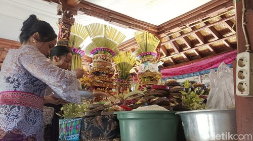 Krama dari Banjar Adat Medahan melangsungkan ngejot tumpeng ke rumah pengantin baru di Desa Medahan, Gianyar, Rabu (23/4/2025). (Ni Komang Ayu Leona Wirawan)