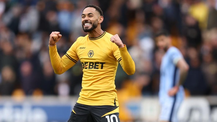 WOLVERHAMPTON, ENGLAND - APRIL 13: Matheus Cunha of Wolverhampton Wanderers celebrates scoring his teams fourth goal during the Premier League match between Wolverhampton Wanderers FC and Tottenham Hotspur FC at Molineux on April 13, 2025 in Wolverhampton, England. (Photo by Wolverhampton Wanderers FC/Wolves via Getty Images)