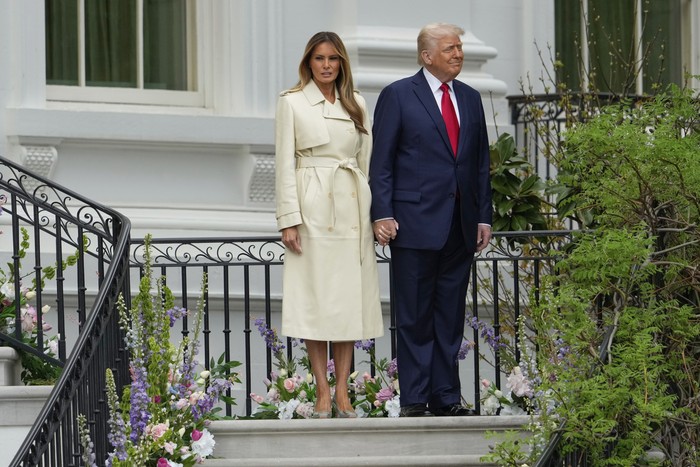 President Donald Trump and first lady Melania Trump arrive for the White House Easter Egg Roll on the South Lawn of the White House, Monday, April 21, 2025, in Washington. (AP Photo/Alex Brandon)