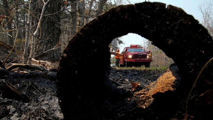 A firefighter works during a wildfire outbreak, in Forked River, in the Ocean County region of New Jersey, U.S., April 23, 2025. REUTERS/Eduardo Munoz