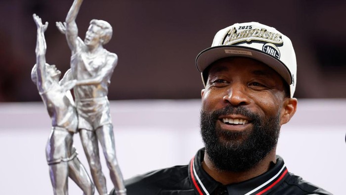 WOLLONGONG, AUSTRALIA - MARCH 23: Justin Tatum, coach of the Hawks celebrates after game five of the NBL Grand Final Series between Illawarra Hawks and Melbourne United at WIN Entertainment Centre, on March 23, 2025, in Wollongong, Australia. (Photo by Darrian Traynor/Getty Images)