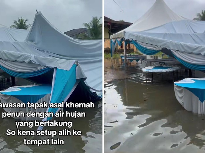 Tenda di pesta pernikahan ini terpaksa dibongkar karena air banjir yang menggenang lokasi. Postingan tersebut langsung viral di media sosial