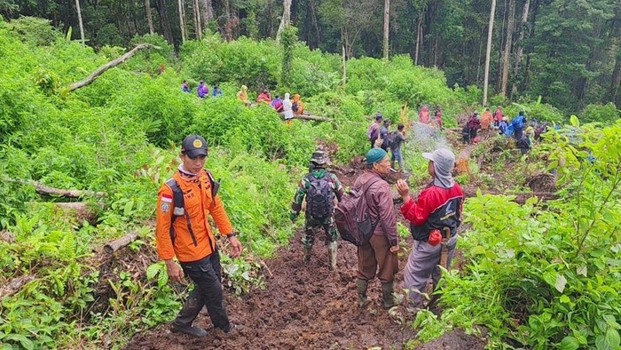 Tim SAR saat melakukan pencarian Wira, remaja yang hilang di hutan Sungai Penuh, Jambi