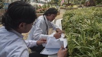 Sejumlah pelamar memeriksa berkas saat mendaftar PJLP di Balai Kota, Jakarta, Jumat (25/4/2025).