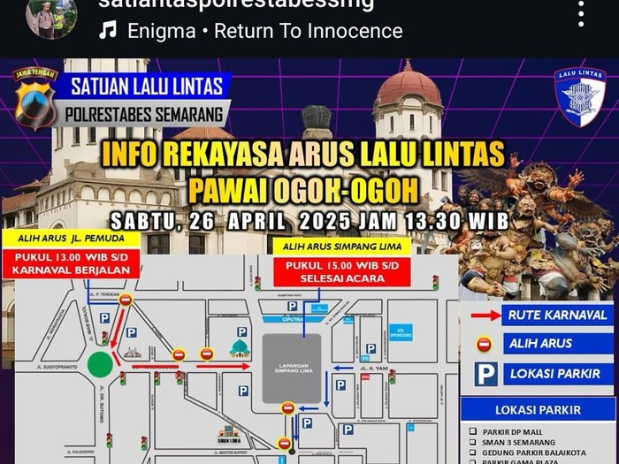 Rute pawai ogoh-ogoh yang rencananya digelar besok (26/4) di Kota Semarang. Foto diunggah Jumat (25/4/2025).