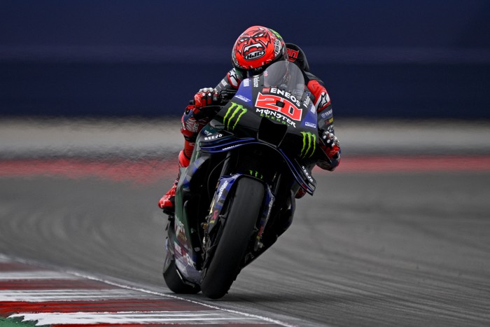 Mar 30, 2025; Austin, TX, USA; Fabio Quartararo (20) of France and Monster Energy Yamaha MotoGP rides during the 2025 Grand Prix of the Americas at Circuit of The Americas. Mandatory Credit: Jerome Miron-Imagn Images