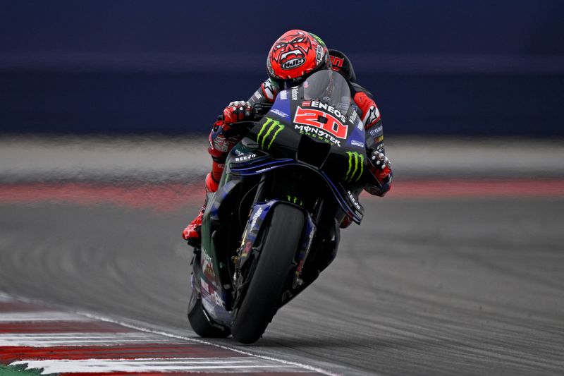 Mar 30, 2025; Austin, TX, USA; Fabio Quartararo (20) of France and Monster Energy Yamaha MotoGP rides during the 2025 Grand Prix of the Americas at Circuit of The Americas. Mandatory Credit: Jerome Miron-Imagn Images