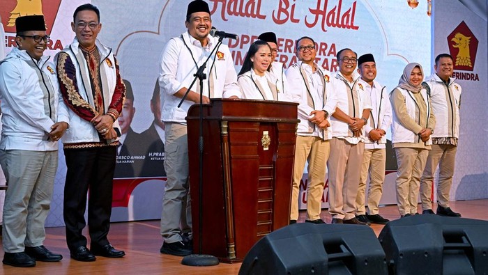 Gubsu Bobby Nasution saat menghadiri halalbihalal Gerindra Sumut