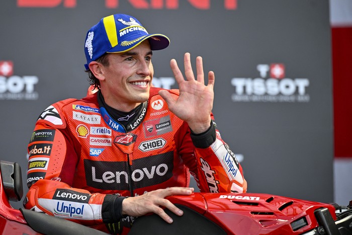 Mar 29, 2025; Austin, TX, USA; Marc Marquez (93) of Spain and Ducati Lenovo Team looks on after he finishes in first place in the sprint race before the 2025 MotoGP Grand Prix of the Americas at Circuit of The Americas. Mandatory Credit: Jerome Miron-Imagn Images