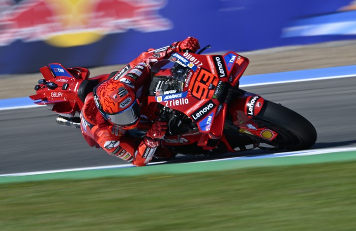CADIZ, SPAIN - APRIL 26: Marc Marquez of Ducati Lenovo Team takes part in warm-up sessions at the 4.42-kilometer Jerez-Angel Nieto Circuit in Jerez de la Frontera, Cadiz, ahead of the Spanish Jerez Grand Prix, the fifth round of the 2025 MotoGP World Championship, on April 26, 2025. (Photo by Burak Akbulut/Anadolu via Getty Images)