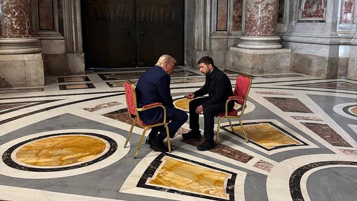 In this handout photograph taken and posted on the official Telegram channel of Ukraines Head of the Office of the President Andriy Yermak on April 26, 2025, Ukraines President Volodymyr Zelensky (R) meets with US President Donald Trump (L) on the sidelines of Pope Franciss funeral at St. Peters Basilica at the Vatican. (Photo by Handout / Telegram /@ermaka2022 / AFP) / RESTRICTED TO EDITORIAL USE - MANDATORY CREDIT 