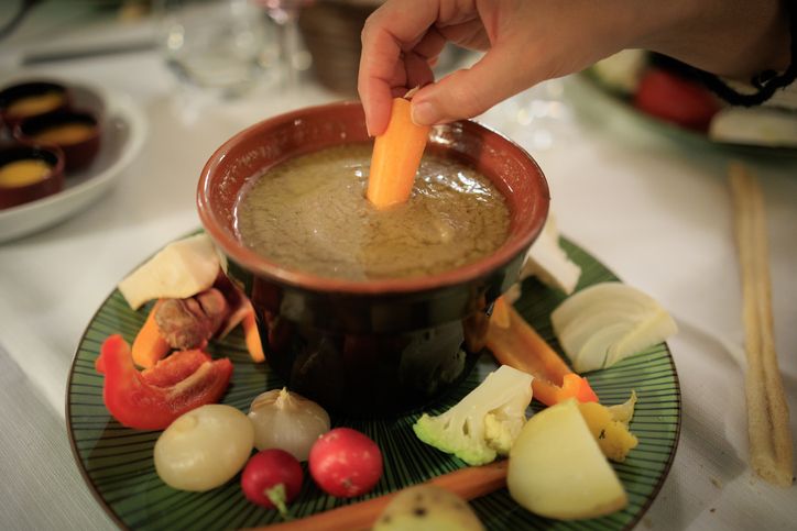 Bagna Cauda dip sauce and veggies, Piedmont Italian food in Turin