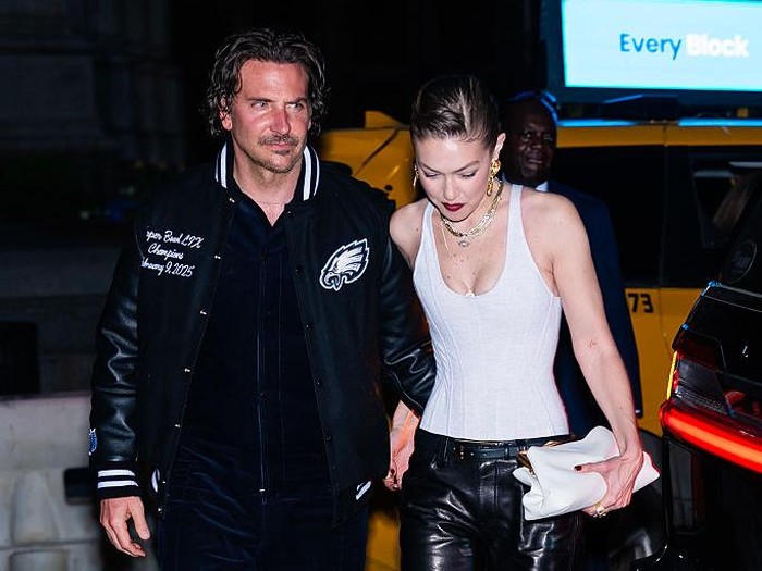NEW YORK, NEW YORK - APRIL 25: Bradley Cooper (L) and Gigi Hadid are seen attending her 30th Birthday at Le Chalet in Midtown on April 25, 2025 in New York City. (Photo by TheStewartofNY/GC Images)