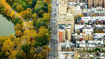 Hutan kota Central Park di sebelah kiri dan hutan beton gedung pencakar langit kota New York di sebelah kanan. Tampak seperti ada pemisah di antara dua dunia berbeda. Foto: via BrightSide