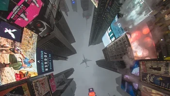 Pemandangan pesawat saat melintas dipotret dari Times Square, New York, Amerika Serikat. Foto: via BrightSide